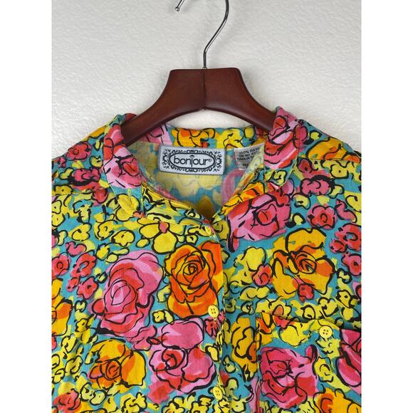 Vtg Bonjour Womens Top Sz S Button Up Floral Maximalist Colorful Wacky Artsy - Picture 9 of 9